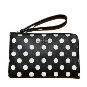 Kate Spade New York Medium L-Zip Wristlet Saffiano Leather Polka Dot Black, NWOT